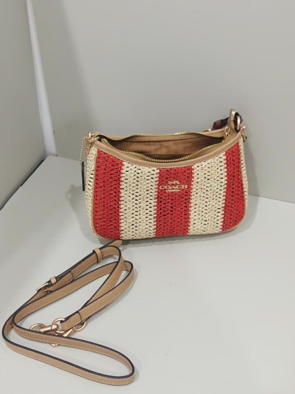 Coach Red & Natural Striped Raffia Shoulder Bag with Detachable Crossbody Strap